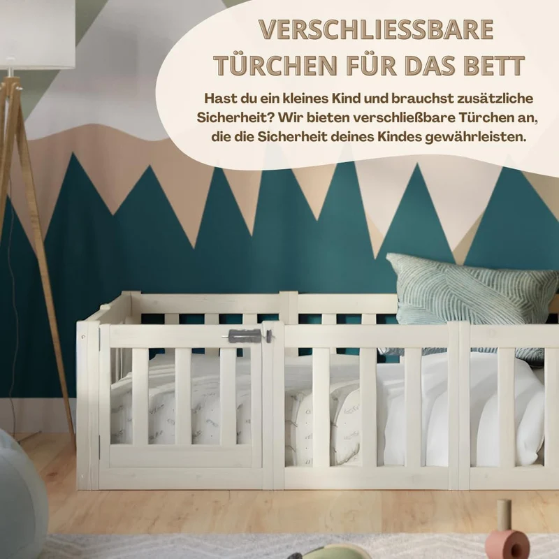Kinderbett 120x200 cm – Montessori Bodenbett mit Rausfallschutz 40cm und Öffnbarer Barriere - Weiß mit Glatter Oberfläche - Perfekt für Jungen und Mädchen Crazy Johnnyh