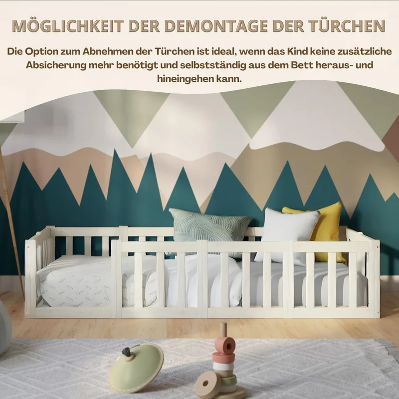 Kinderbett 120x200 cm – Montessori Bodenbett mit Rausfallschutz 40cm und Öffnbarer Barriere - Weiß mit Glatter Oberfläche - Perfekt für Jungen und Mädchen Crazy Johnnyh