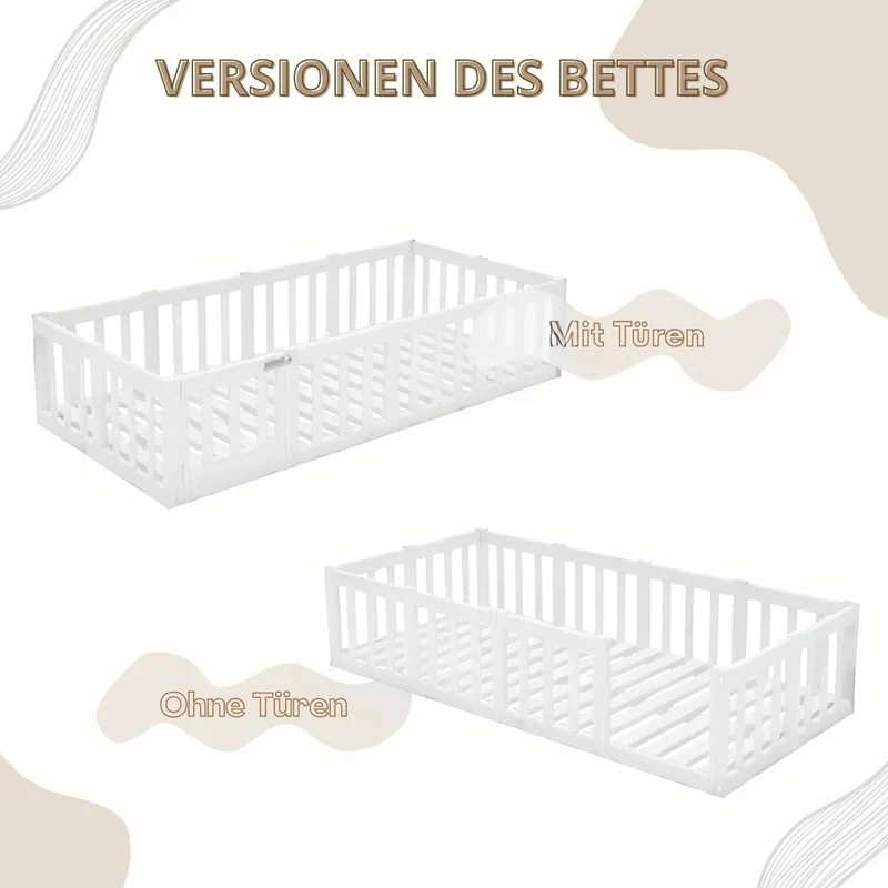 Kinderbett 120x200 cm – Montessori Bodenbett mit Rausfallschutz 40cm und Öffnbarer Barriere - Weiß mit Glatter Oberfläche - Perfekt für Jungen und Mädchen Crazy Johnnyh