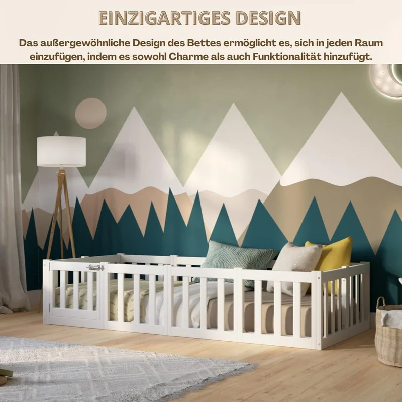 Kinderbett 120x200 cm – Montessori Bodenbett mit Rausfallschutz 40cm und Öffnbarer Barriere - Weiß mit Glatter Oberfläche - Perfekt für Jungen und Mädchen Crazy Johnnyh