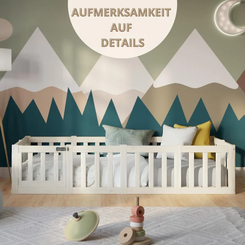 Kinderbett 120x200 cm – Montessori Bodenbett mit Rausfallschutz 40cm und Öffnbarer Barriere - Weiß mit Glatter Oberfläche - Perfekt für Jungen und Mädchen Crazy Johnnyh