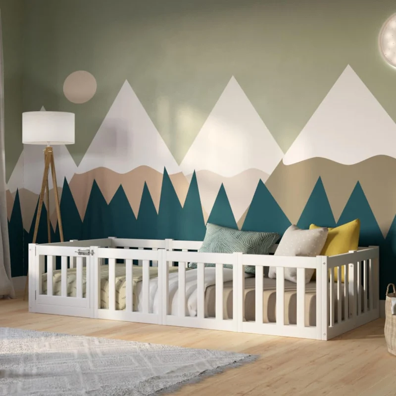 Kinderbett 120x200 cm – Montessori Bodenbett mit Rausfallschutz 40cm und Öffnbarer Barriere - Weiß mit Glatter Oberfläche - Perfekt für Jungen und Mädchen Crazy Johnnyh