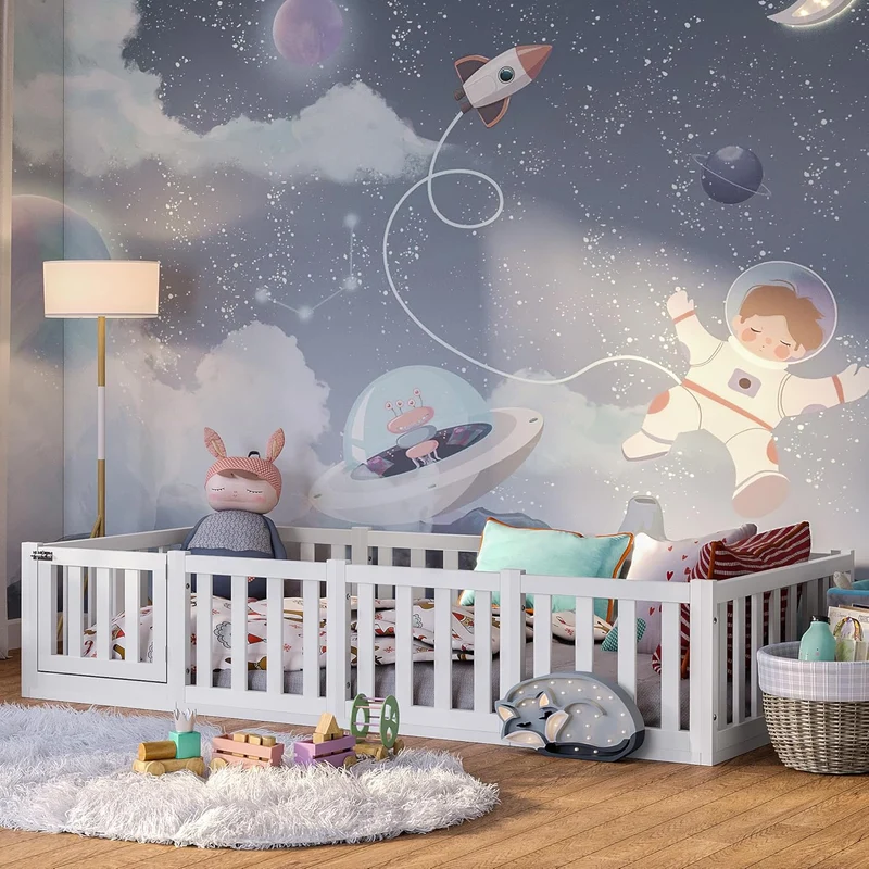 Bellabino Montessori Kinderbett Bodenbett aus Kiefer Massivholz mit Rausfallschutz & Lattenrosth