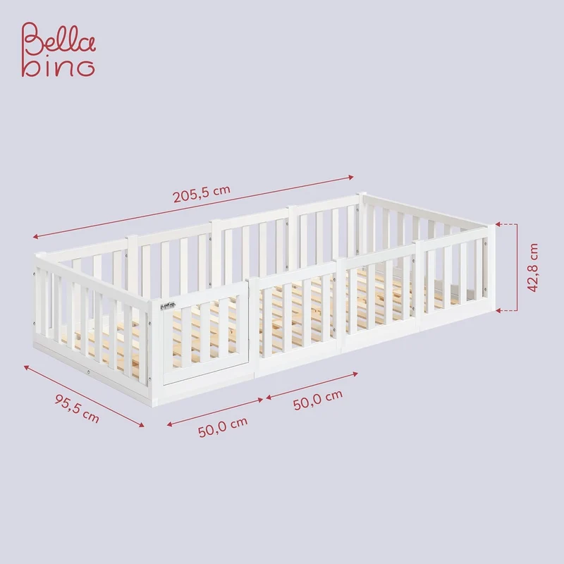 Bellabino Montessori Kinderbett Bodenbett aus Kiefer Massivholz mit Rausfallschutz & Lattenrosth