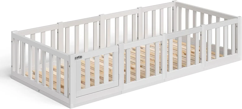Bellabino Montessori Kinderbett Bodenbett aus Kiefer Massivholz mit Rausfallschutz & Lattenrosth