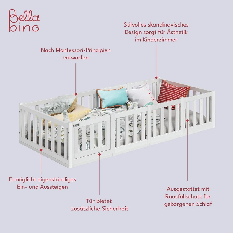 Bellabino Montessori Kinderbett Bodenbett aus Kiefer Massivholz mit Rausfallschutz & Lattenrosth
