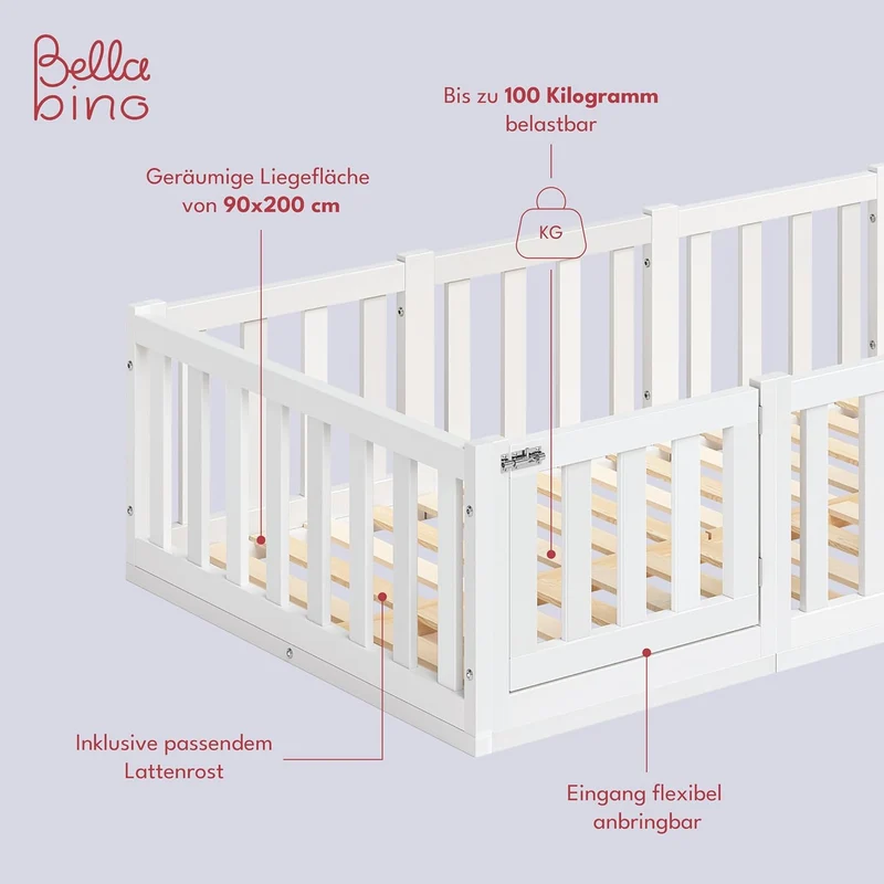 Bellabino Montessori Kinderbett Bodenbett aus Kiefer Massivholz mit Rausfallschutz & Lattenrosth