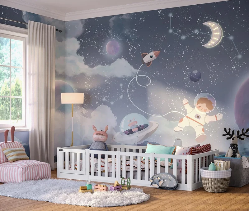 Bellabino Montessori Kinderbett Bodenbett aus Kiefer Massivholz mit Rausfallschutz & Lattenrosth