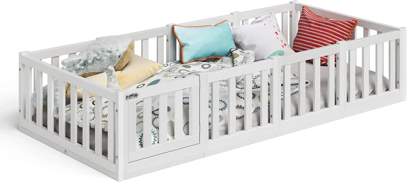 Bellabino Montessori Kinderbett Bodenbett aus Kiefer Massivholz mit Rausfallschutz & Lattenrosth