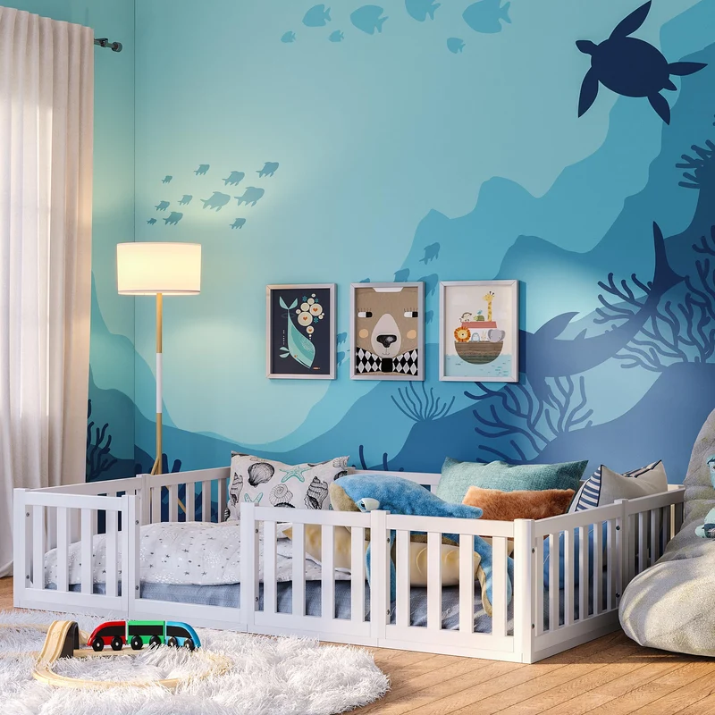 Bellabino Montessori Kinderbett Bodenbett aus Kiefer Massivholz mit Rausfallschutz & Lattenrosth