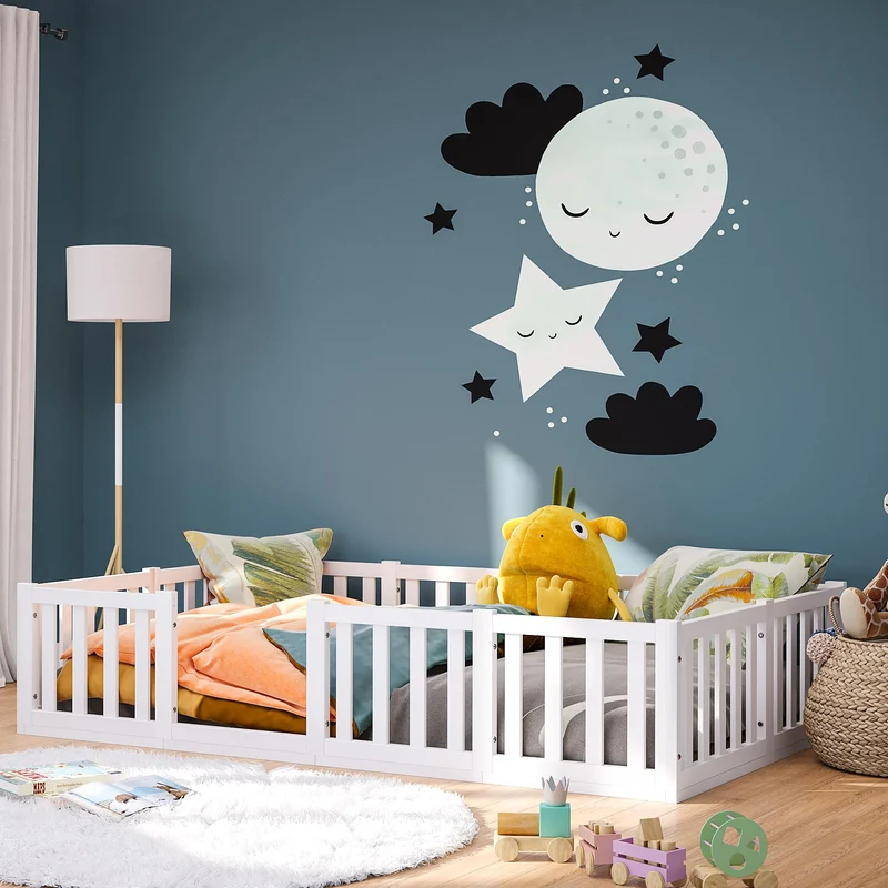 Bellabino Montessori Kinderbett Bodenbett aus Kiefer Massivholz mit Rausfallschutz & Lattenrosth