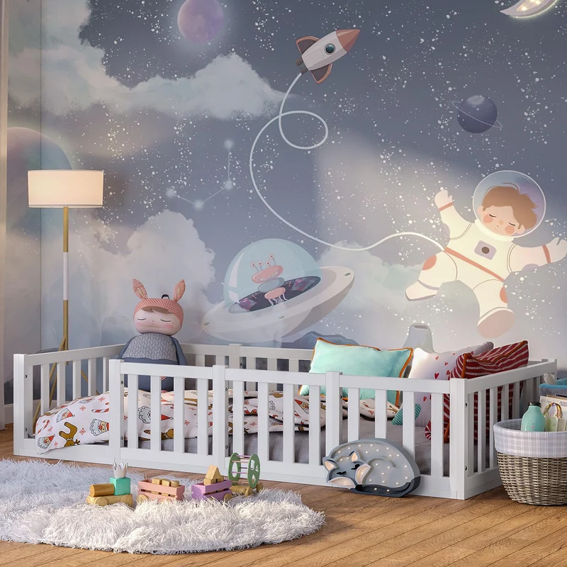Bellabino Montessori Kinderbett Bodenbett aus Kiefer Massivholz mit Rausfallschutz & Lattenrosth