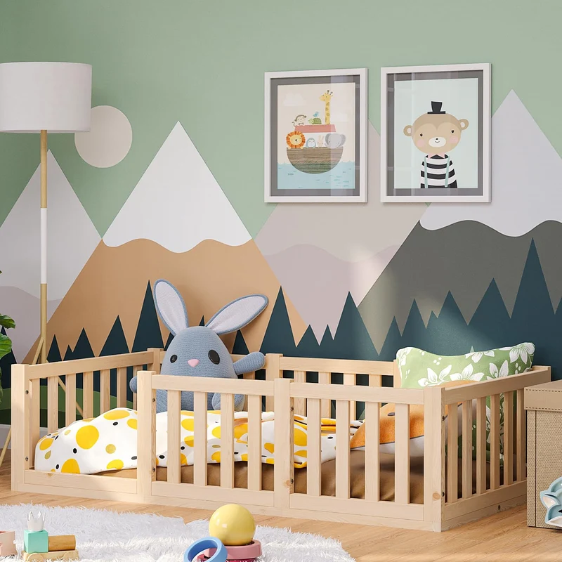 Bellabino Montessori Kinderbett Bodenbett aus Kiefer Massivholz mit Rausfallschutz & Lattenrosth