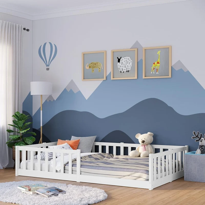 Bellabino Montessori Bodenbett für Kinder aus Kiefernholz mit Rausfallschutz & Lattenrost, 120x200 cm, Weißh