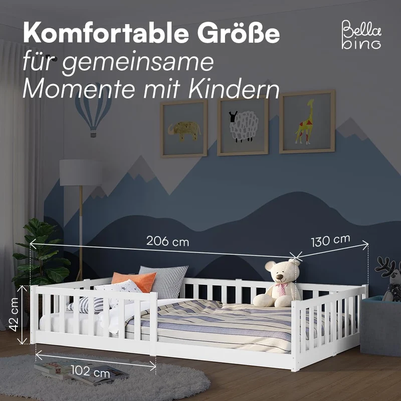 Bellabino Montessori Bodenbett für Kinder aus Kiefernholz mit Rausfallschutz & Lattenrost, 120x200 cm, Weißh