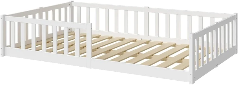 Bellabino Montessori Bodenbett für Kinder aus Kiefernholz mit Rausfallschutz & Lattenrost, 120x200 cm, Weißh
