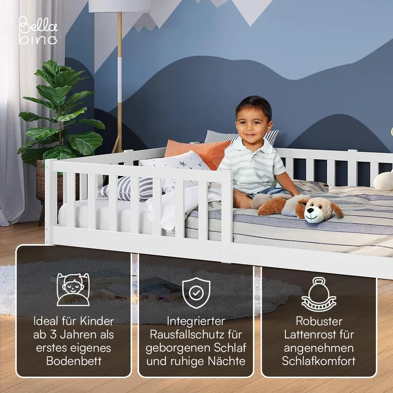 Bellabino Montessori Bodenbett für Kinder aus Kiefernholz mit Rausfallschutz & Lattenrost, 120x200 cm, Weißh