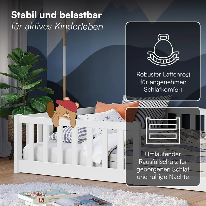 Bellabino Montessori Bodenbett für Kinder aus Kiefernholz mit Rausfallschutz & Lattenrost, 120x200 cm, Weißh