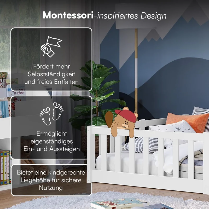 Bellabino Montessori Bodenbett für Kinder aus Kiefernholz mit Rausfallschutz & Lattenrost, 120x200 cm, Weißh