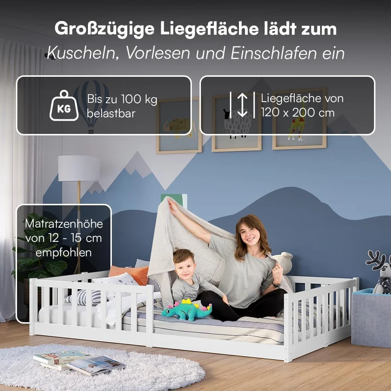 Bellabino Montessori Bodenbett für Kinder aus Kiefernholz mit Rausfallschutz & Lattenrost, 120x200 cm, Weißh