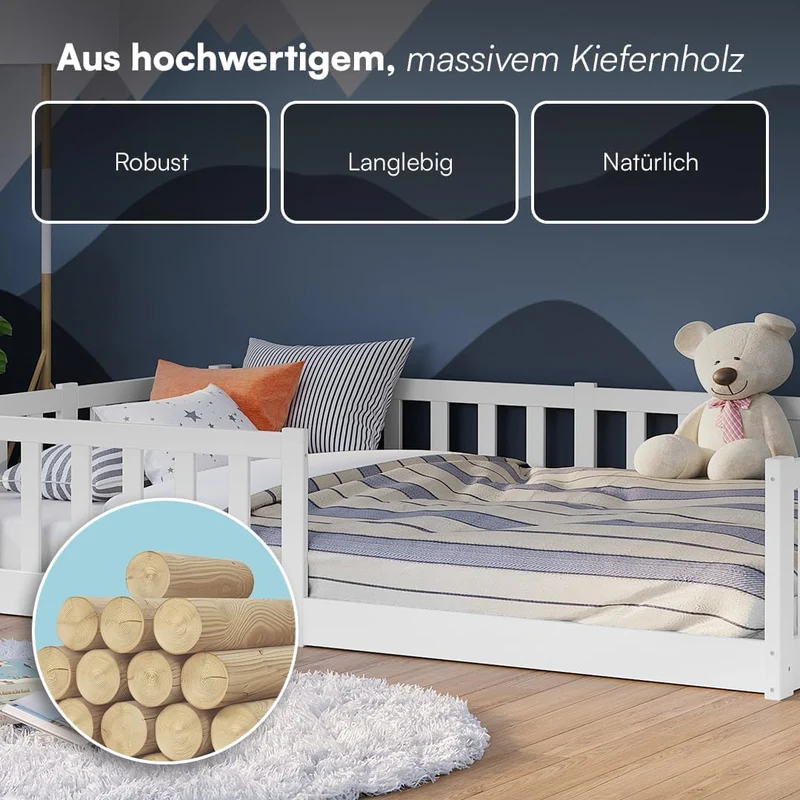 Bellabino Montessori Bodenbett für Kinder aus Kiefernholz mit Rausfallschutz & Lattenrost, 120x200 cm, Weißh