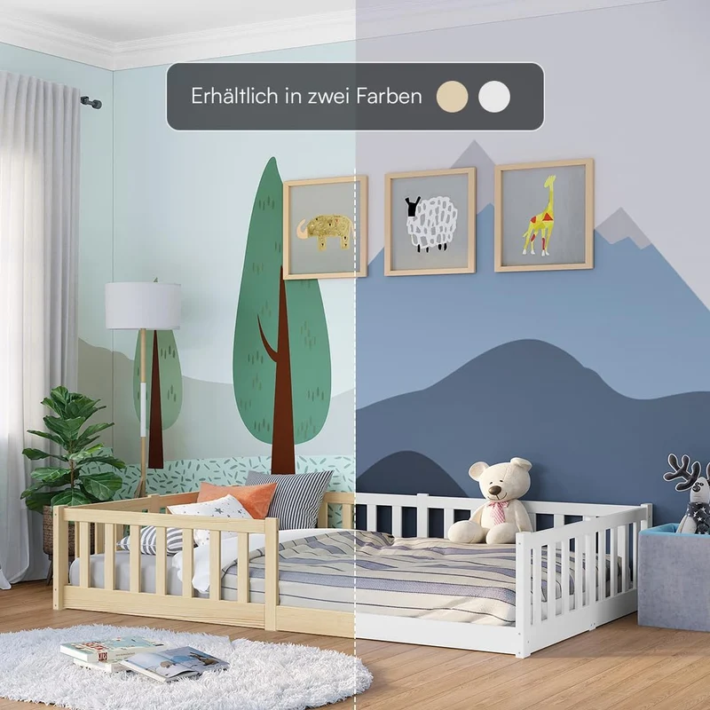 Bellabino Montessori Bodenbett für Kinder aus Kiefernholz mit Rausfallschutz & Lattenrost, 120x200 cm, Weißh