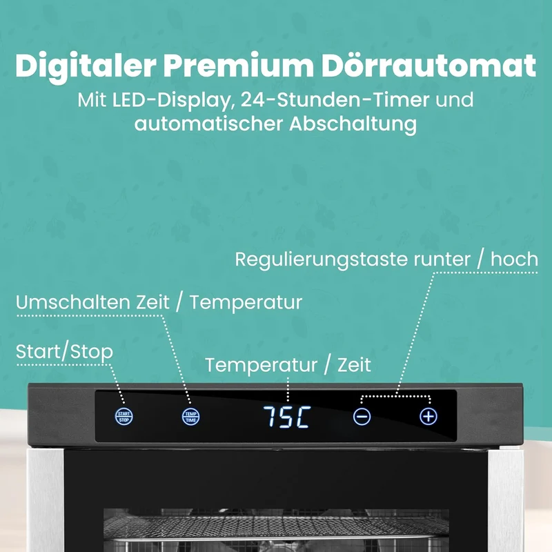 A-rival Dehydrator, Stainless Steel Dehydrator, Touch Control, Professional Dehydrator Stainless Steel, 24 Hour Timer, 6 Drying Trays + 3 Drying Mats, BPA-Free, 35 °C to 75 °C, Quiet Operation, 360°