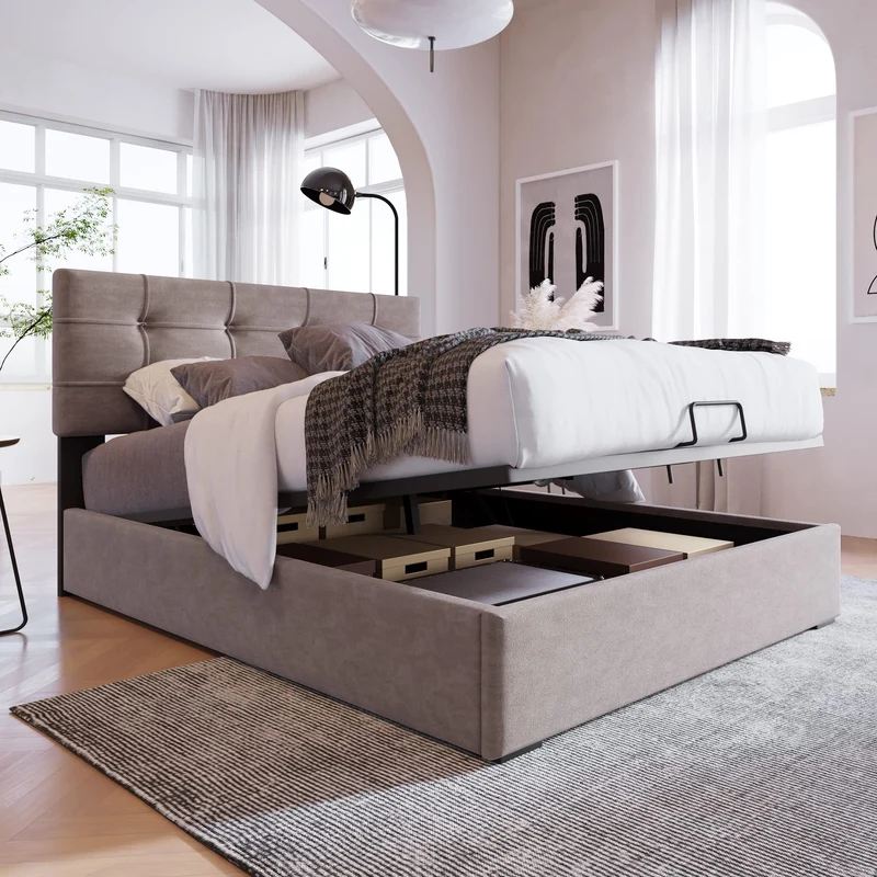 Merax Polsterbett mit Stauraum – Hydraulisches Doppelbett, Lattenrost inklusiveh