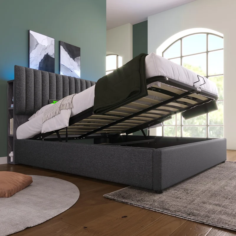 Merax Polsterbett mit Stauraum – Hydraulisches Doppelbett, Lattenrost inklusiveh