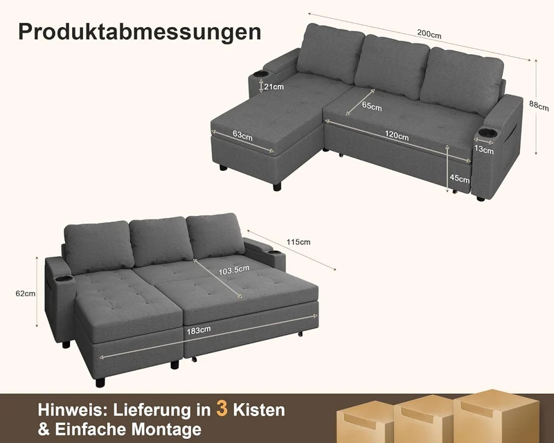 Devoko Ecksofa mit Schlaffunktion – 3-Sitzer, Bettkasten & Schlaffunktionh