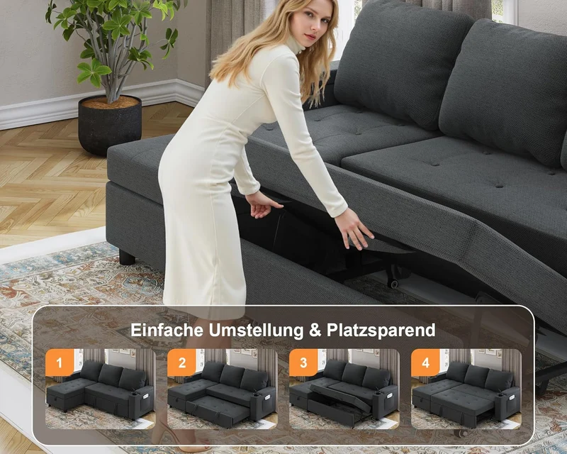 Devoko Ecksofa mit Schlaffunktion – 3-Sitzer, Bettkasten & Schlaffunktionh