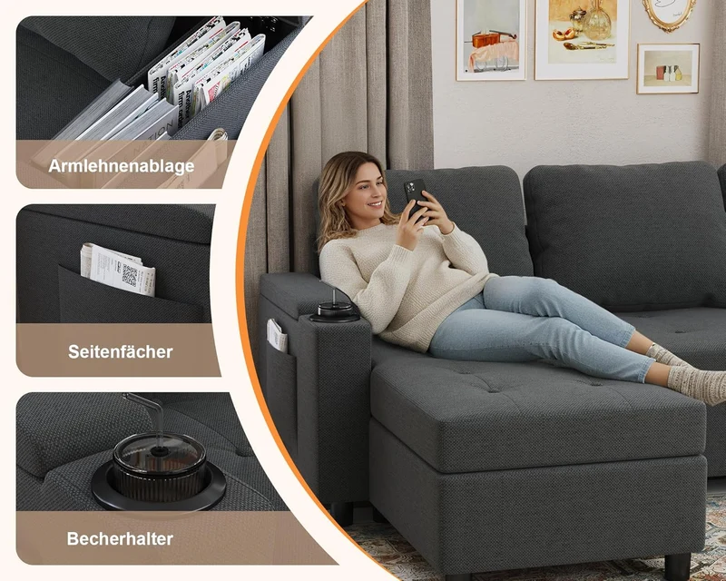 Devoko Ecksofa mit Schlaffunktion – 3-Sitzer, Bettkasten & Schlaffunktionh