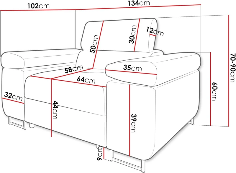 Mirjan24 Sofa Torezio I 1-Sitzer – Polstersofa mit verstellbarer Kopfstütze, Metallfüße, Modernh
