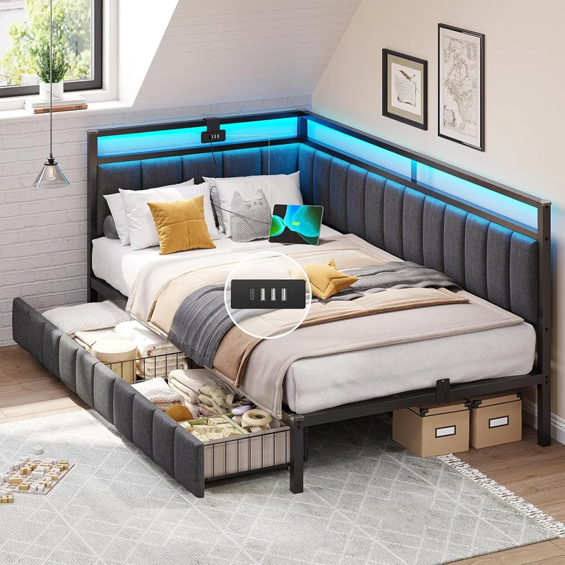 DICTAC Polsterbett Schlafsofa mit LED & USB, Metallrahmen, 2 Schubladen, modernh