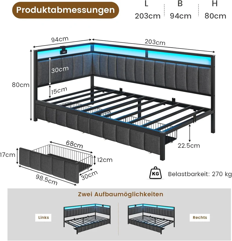 DICTAC Polsterbett Schlafsofa mit LED & USB, Metallrahmen, 2 Schubladen, modernh