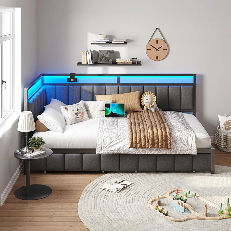 DICTAC Polsterbett Schlafsofa mit LED & USB, Metallrahmen, 2 Schubladen, modernh