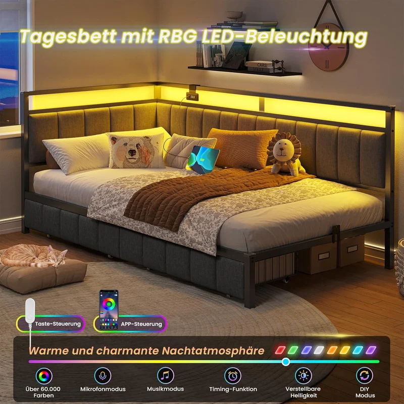 DICTAC Polsterbett Schlafsofa mit LED & USB, Metallrahmen, 2 Schubladen, modernh