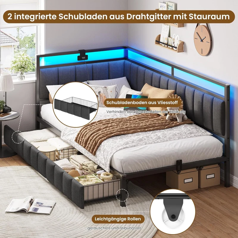 DICTAC Polsterbett Schlafsofa mit LED & USB, Metallrahmen, 2 Schubladen, modernh