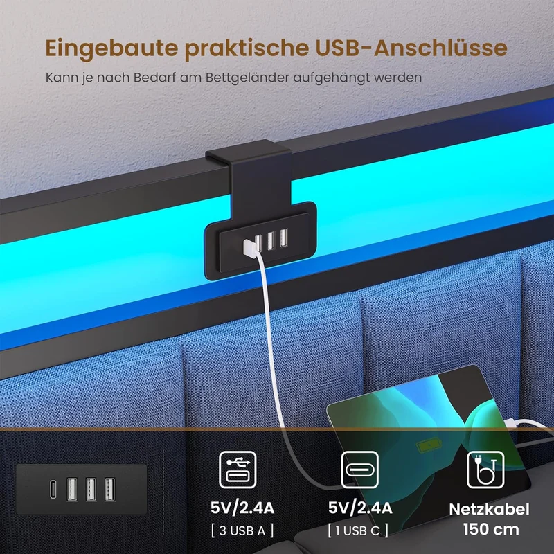 DICTAC Polsterbett Schlafsofa mit LED & USB, Metallrahmen, 2 Schubladen, modernh