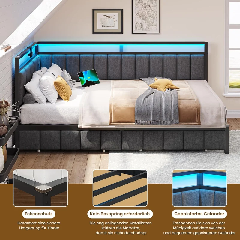 DICTAC Polsterbett Schlafsofa mit LED & USB, Metallrahmen, 2 Schubladen, modernh