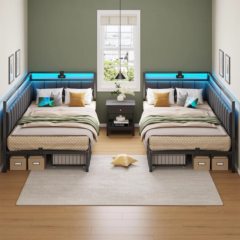 DICTAC Polsterbett Schlafsofa mit LED & USB, Metallrahmen, 2 Schubladen, modernh