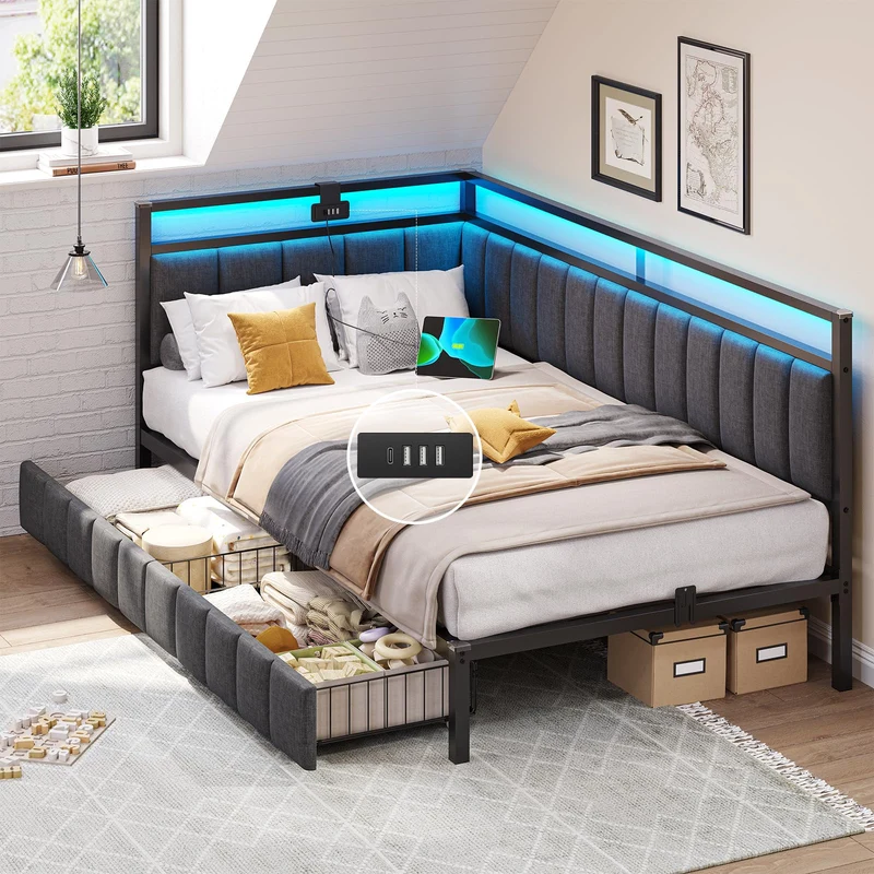 DICTAC Polsterbett Schlafsofa mit LED & USB, Metallrahmen, 2 Schubladen, modernh