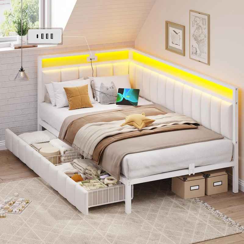 DICTAC Polsterbett Schlafsofa mit LED & USB, Metallrahmen, 2 Schubladen, modernh