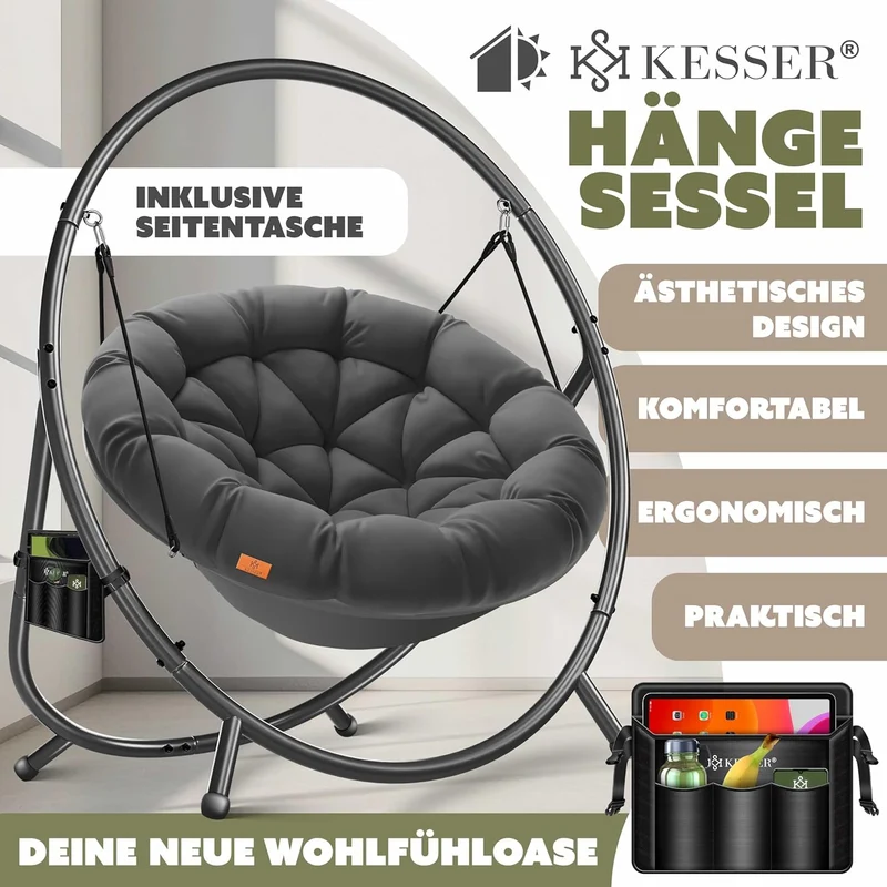 KESSER Hängesessel mit Gestell – Hängestuhl Indoor/Outdoor, inkl. Kissen & Tascheh