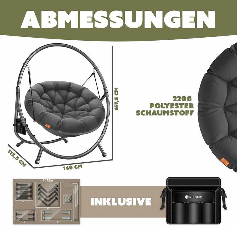 KESSER Hängesessel mit Gestell – Hängestuhl Indoor/Outdoor, inkl. Kissen & Tascheh