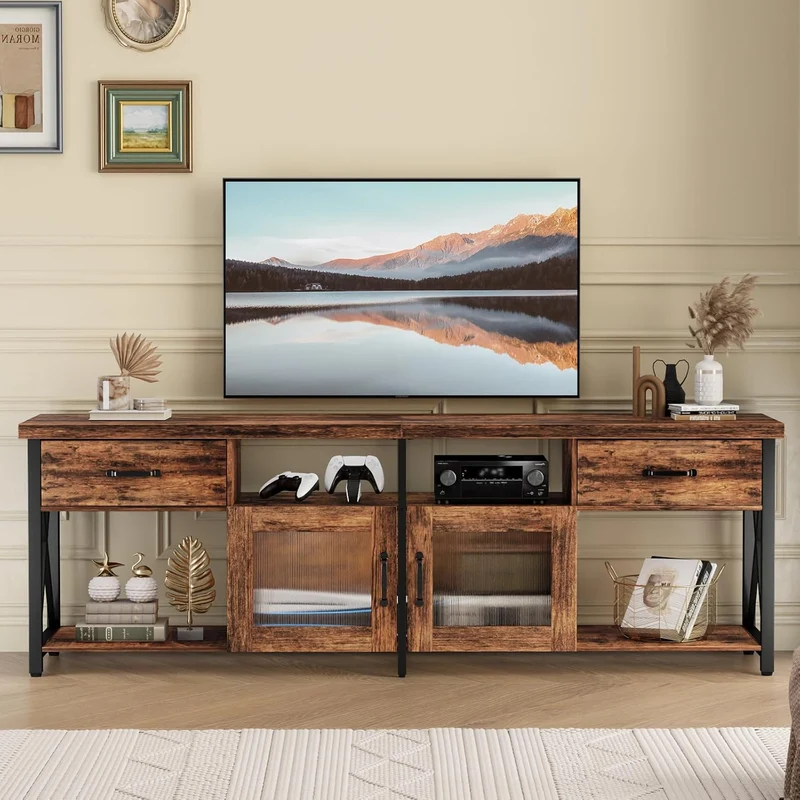 Generisch TV Lowboard Industrial Stil, Braun, 180 cm, Holz & Metall, für 60–70 Zoll Fernseherh