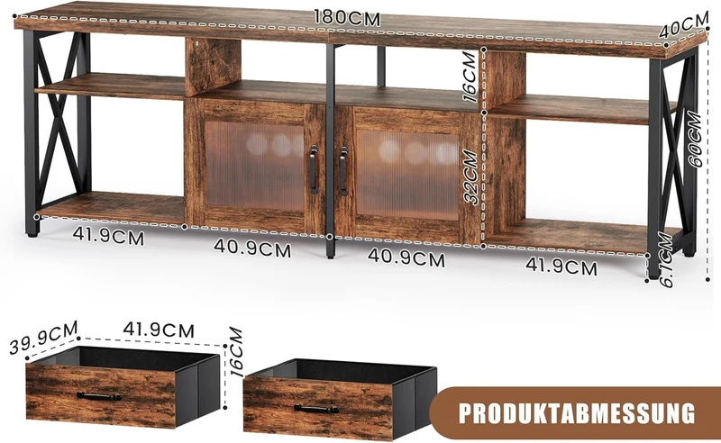 Generisch TV Lowboard Industrial Stil, Braun, 180 cm, Holz & Metall, für 60–70 Zoll Fernseherh