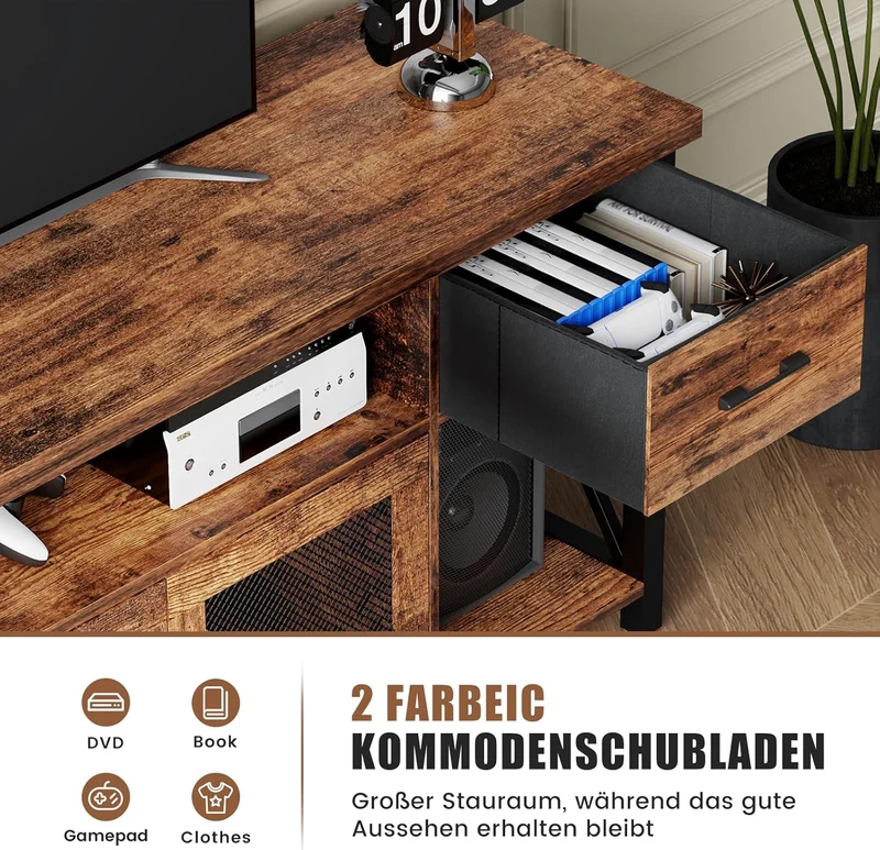 Generisch TV Lowboard Industrial Stil, Braun, 180 cm, Holz & Metall, für 60–70 Zoll Fernseherh