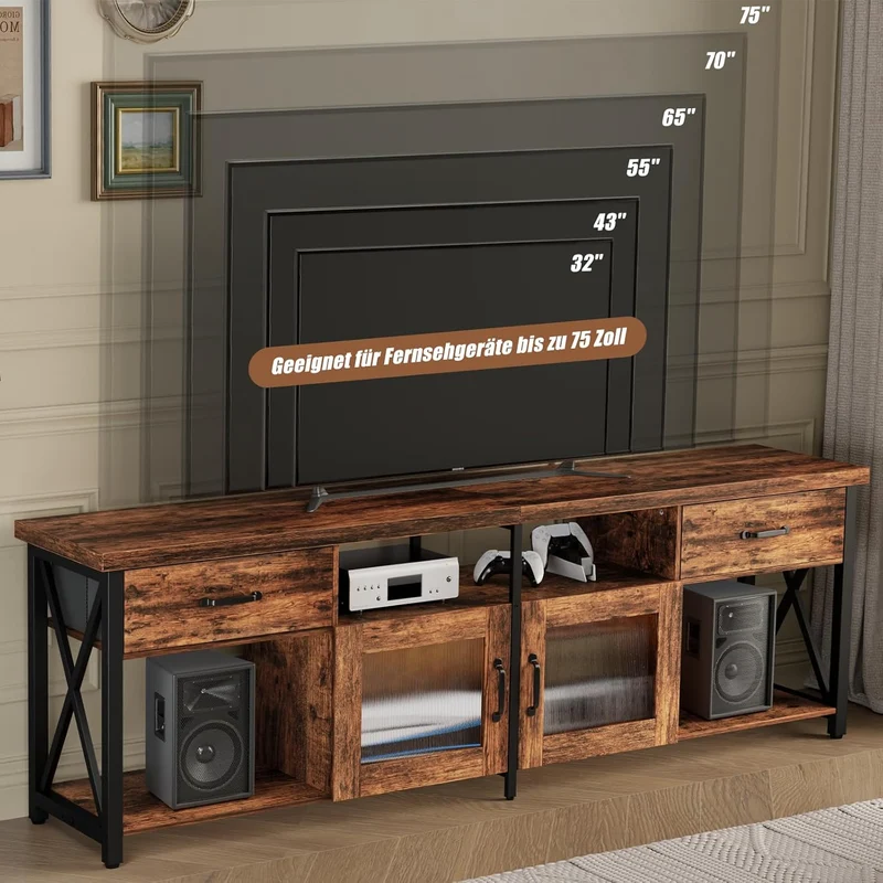 Generisch TV Lowboard Industrial Stil, Braun, 180 cm, Holz & Metall, für 60–70 Zoll Fernseherh