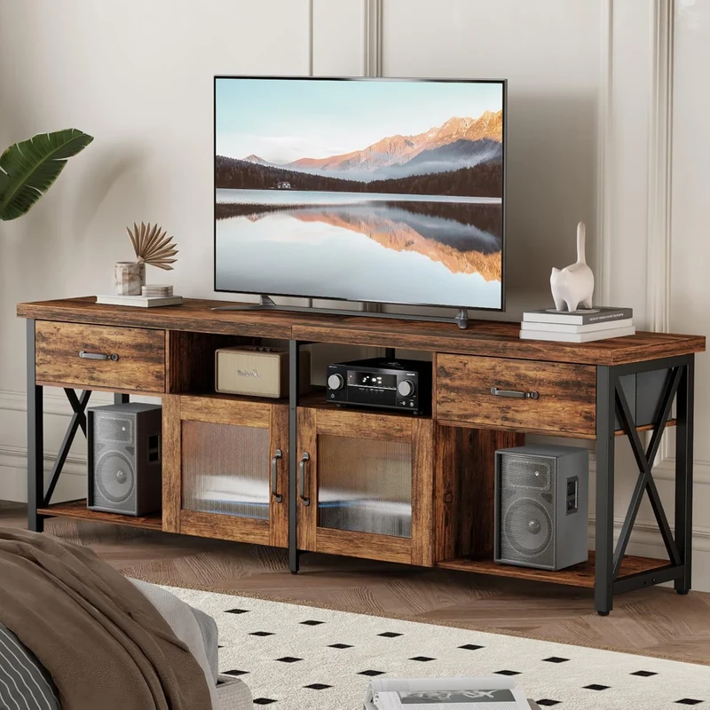 Generisch TV Lowboard Industrial Stil, Braun, 180 cm, Holz & Metall, für 60–70 Zoll Fernseherh